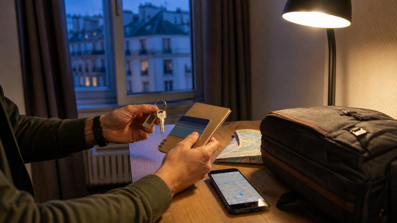 Llegada nocturna preparada al reservar, manos con llaves, mapa, teléfono y bolsa en una habitación modesta al anochecer.