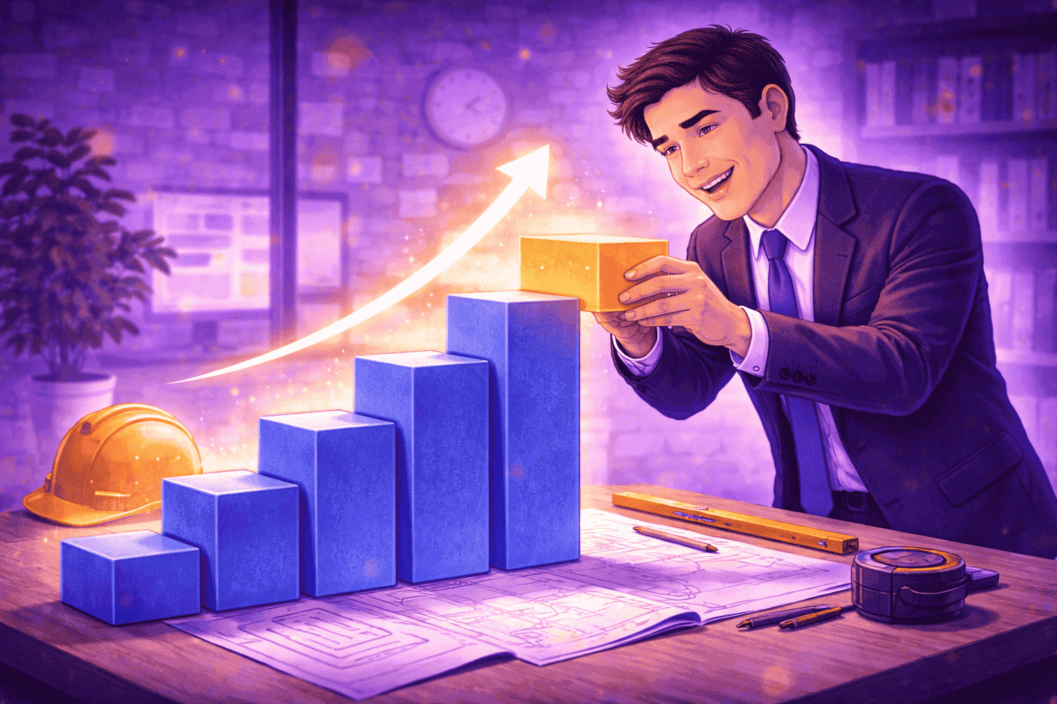 Manager stacking blocks to form a rising bar chart, symbolizing the structured development of a sustainable performance framework.