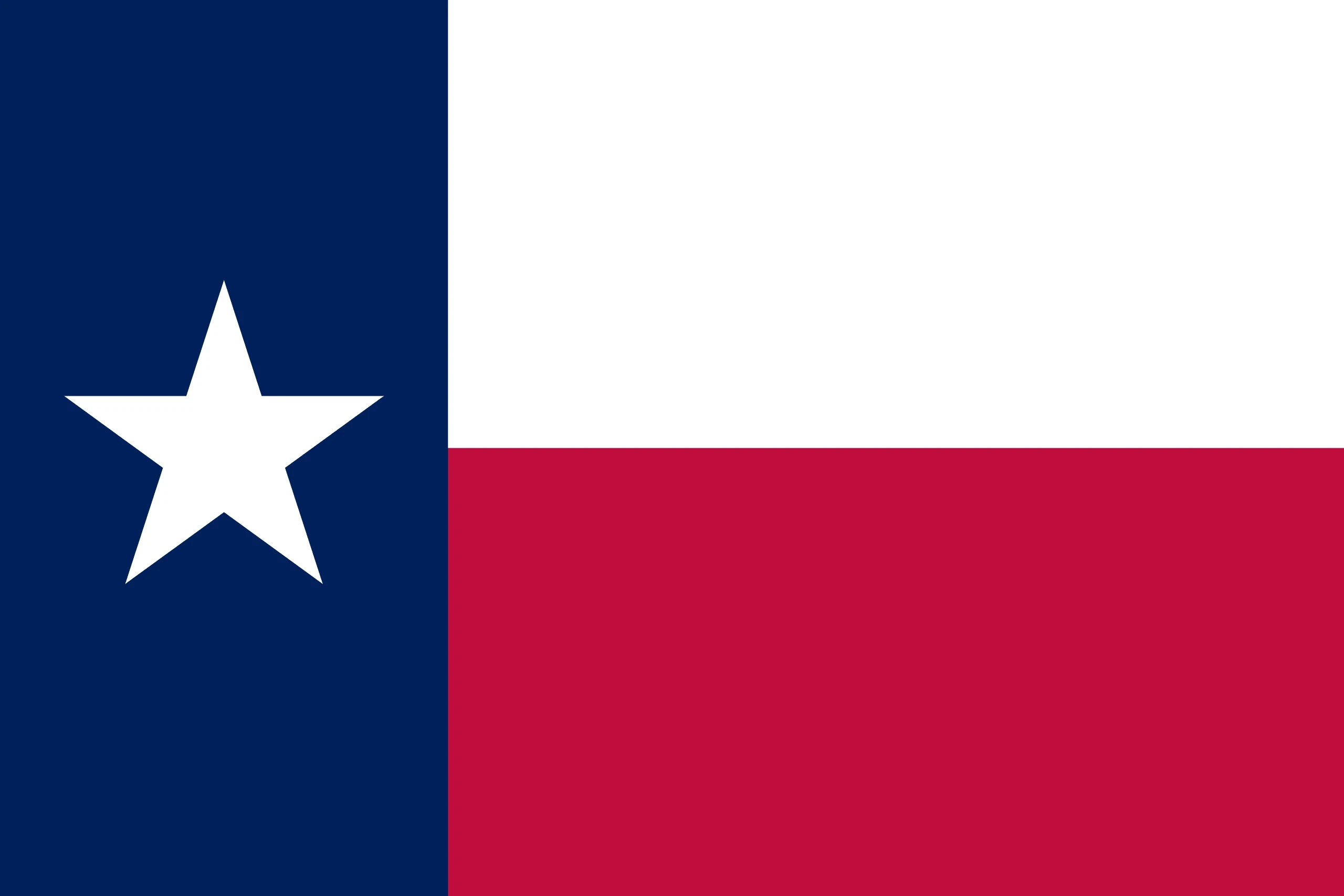 The Texas state flag features a vertical blue stripe with a white star on the left, and horizontal stripes of white above red on the right.