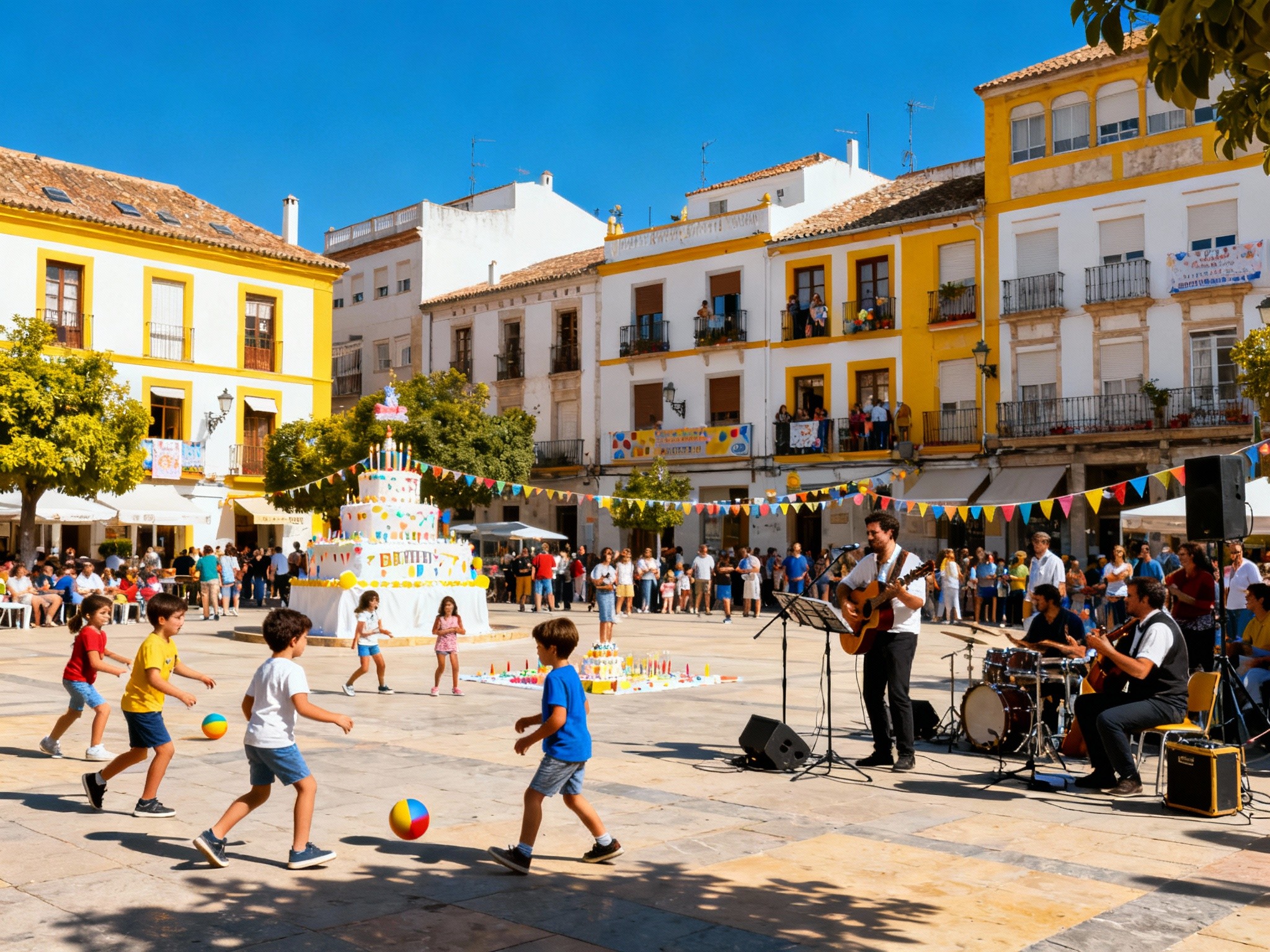 A lively street scene at midday in a colorful Spanish town square with children playing and street
