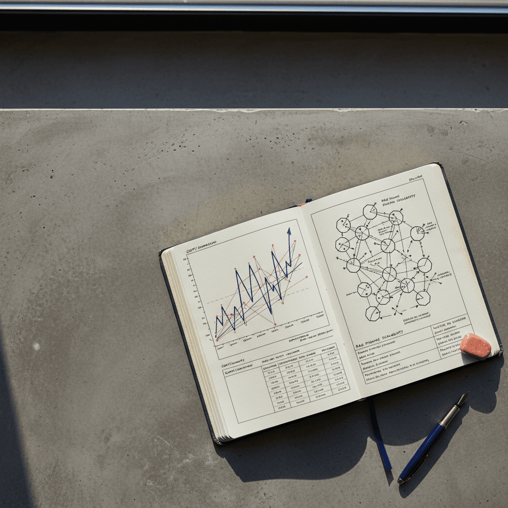 An overhead shot of a large, minimalist concrete architect's desk. On the desk is a single, large, open ledger book made of high-quality off-white paper. The pages are filled with precise, hand-drawn financial charts and architectural diagrams, annotated in fine black ink. Natural light streams in from a large window on the left, creating soft shadows. The color palette is dominated by the cool grey of the concrete (#20242B), the warm off-white of the paper (#F5F2EC), and subtle accents of deep navy blue (#1F3B5B) from a pen resting beside the book. The upper-left third of the image is clear, showing only the clean concrete surface, providing ample room for text overlay. Aspect ratio 16:9, photorealistic, editorial photography, no text, no logos, no watermarks.