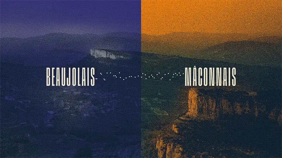 Illustration en bichromie des roches de Solutré et Vergisson, avec écrit Beaujolais et Maconnais.