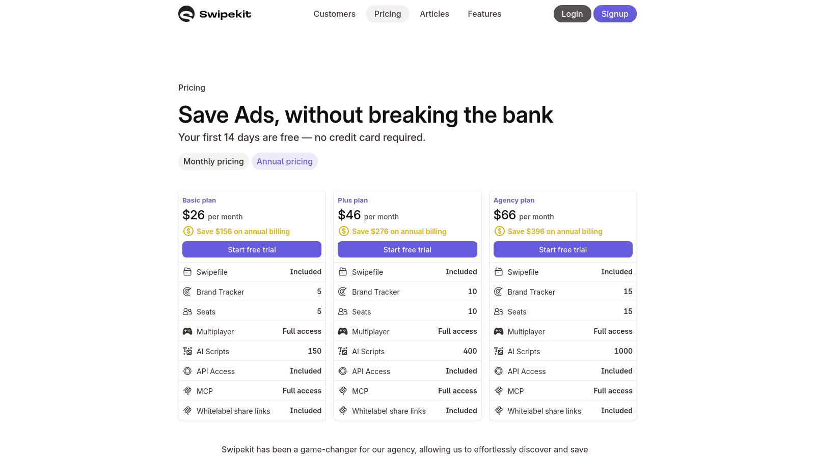 Swipekit pricing page showing subscription plans: Basic, Plus, and Agency with feature lists and pricing buttons.