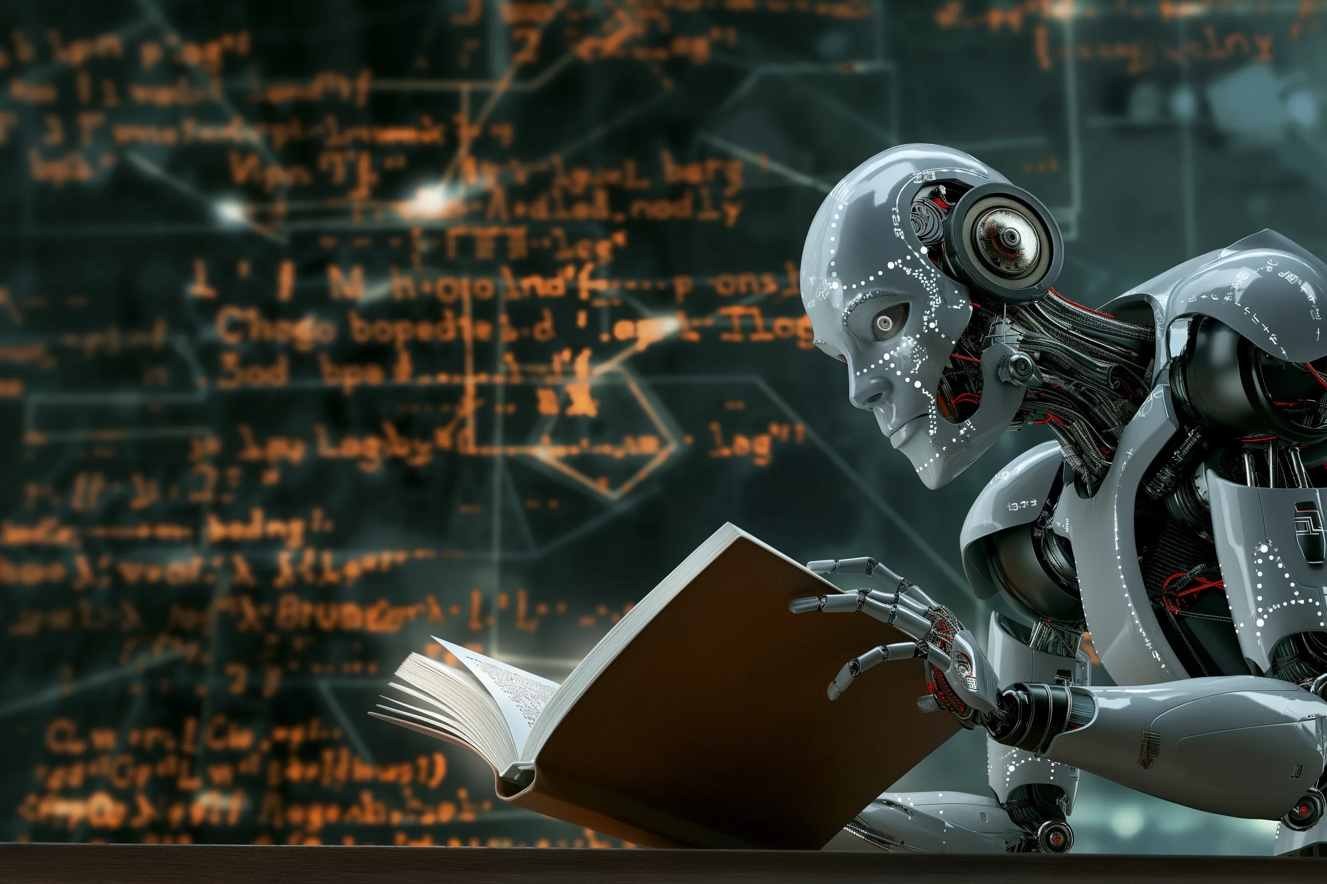 A humanoid robot reading a book with glowing code in the background, symbolizing AI learning and knowledge.