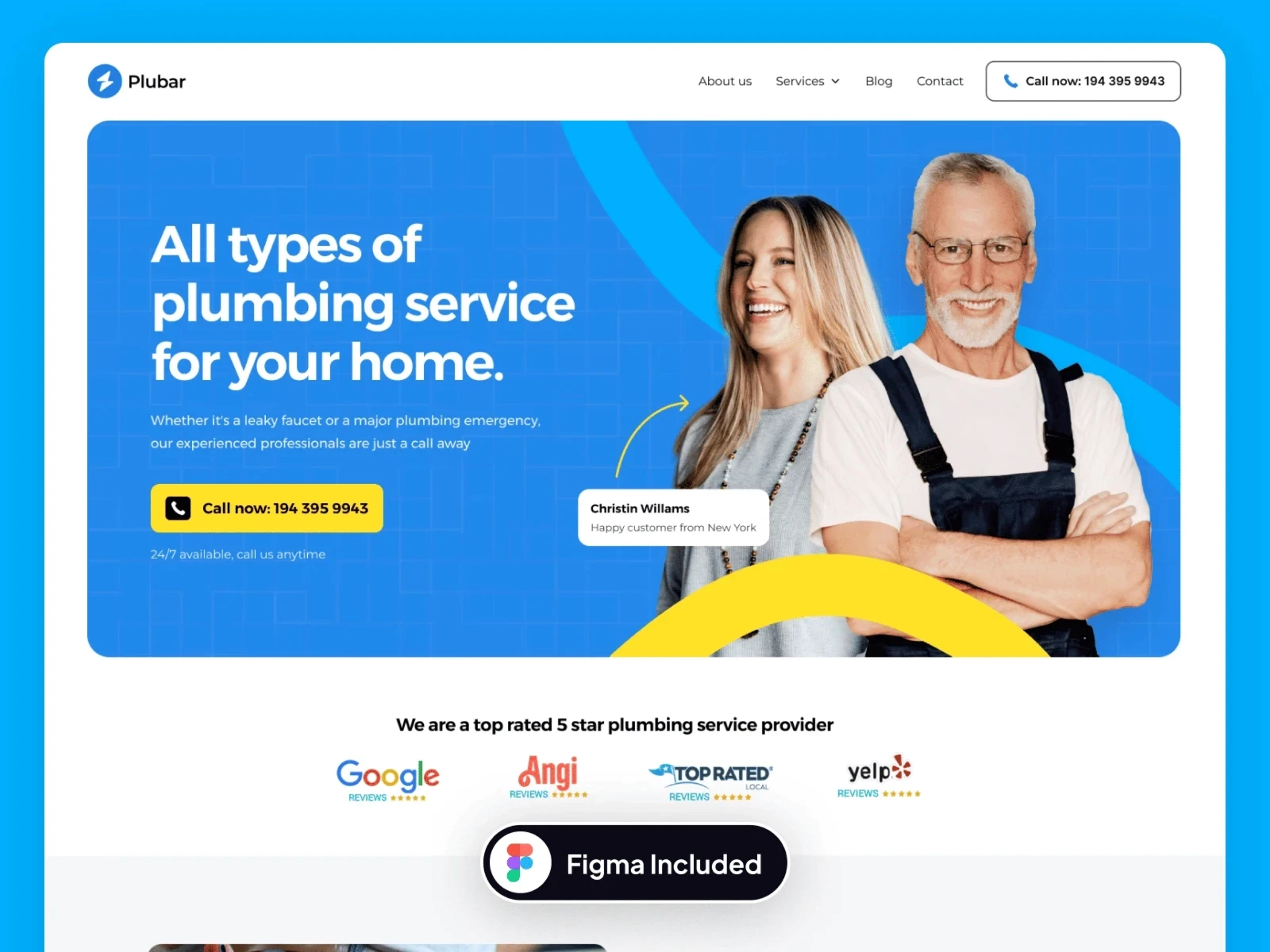 Plubar plumbing website design featuring a plumber and customer against a blue background.