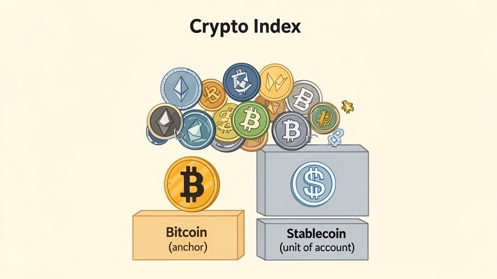 Illustration of a crypto index fund, showing various cryptocurrencies, Bitcoin as an anchor, and a stablecoin.