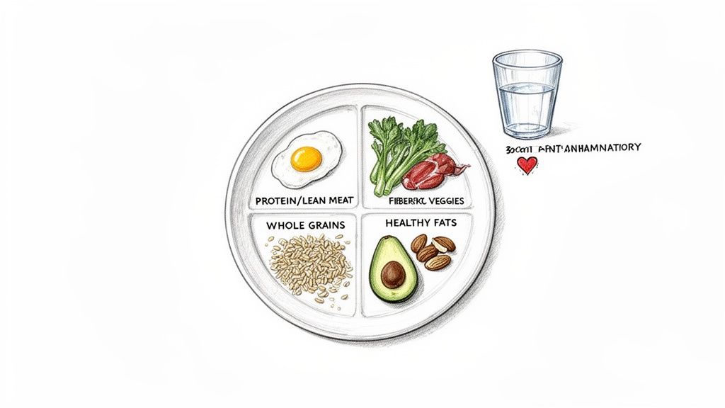 An illustration of a healthy meal plate with protein, fibrous veggies, whole grains, healthy fats, and water.