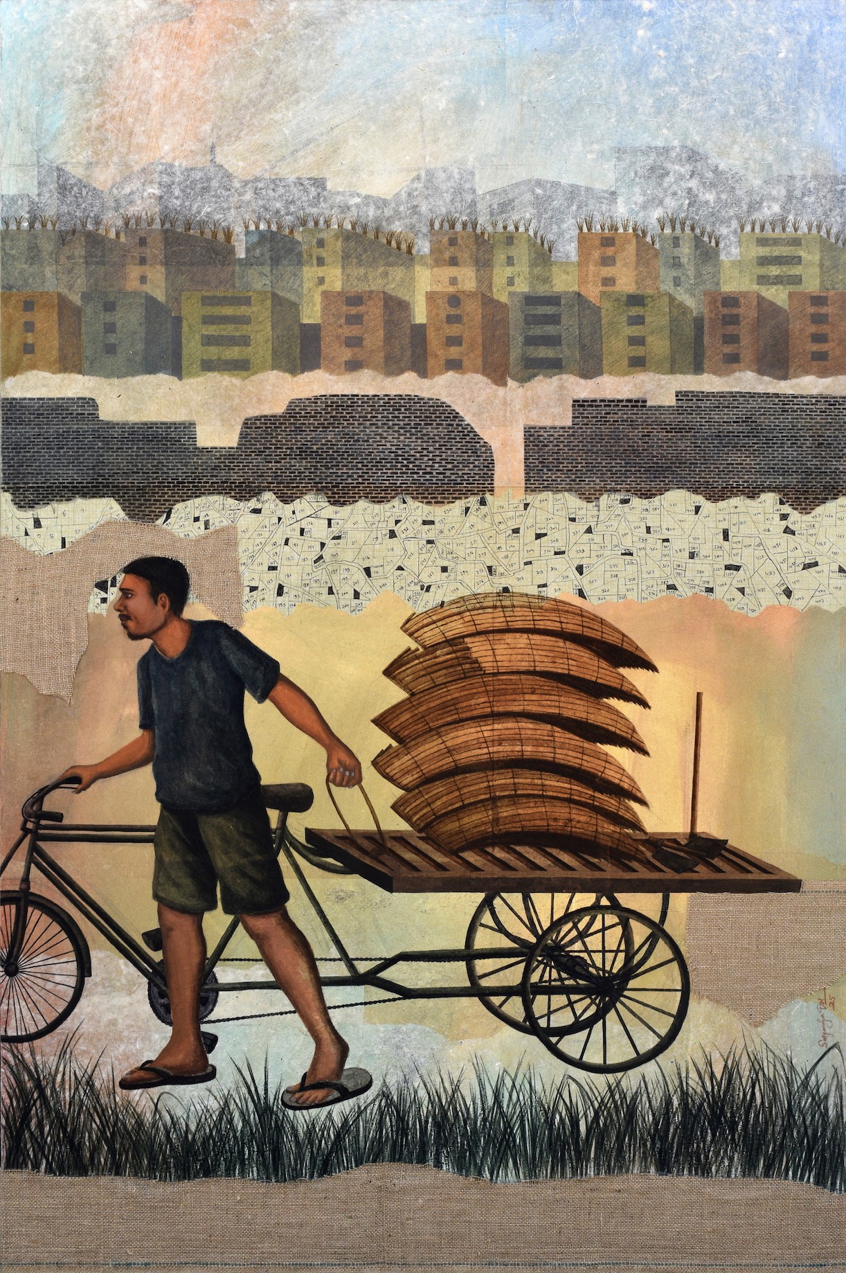 herd of sheep on road painting