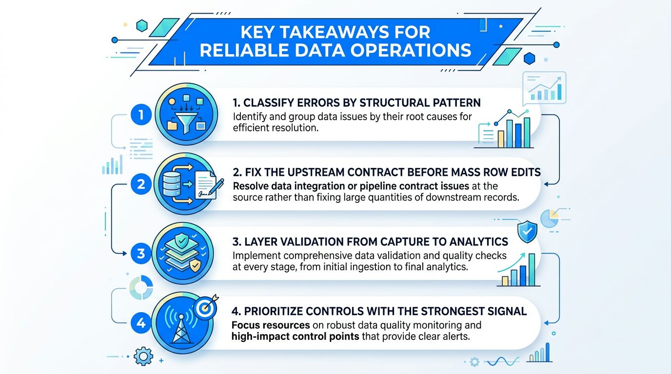 A four-step infographic showing key takeaways for reliable data operations and maintaining high quality data standards.