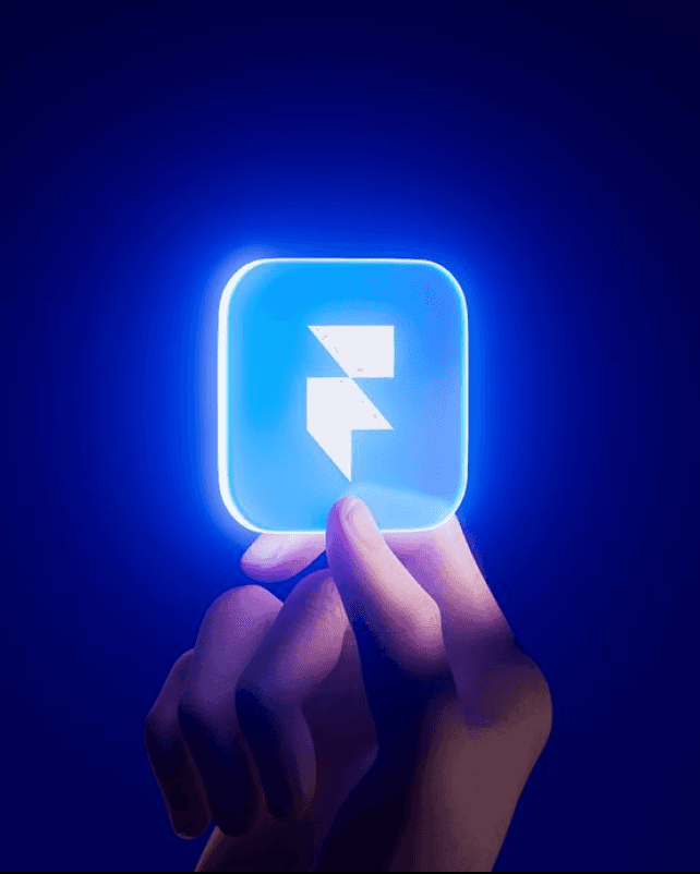 3D illustration of a hand holding a glowing blue glass card with the Framer logo, representing the Flux Academy Advanced Framer Masterclass.