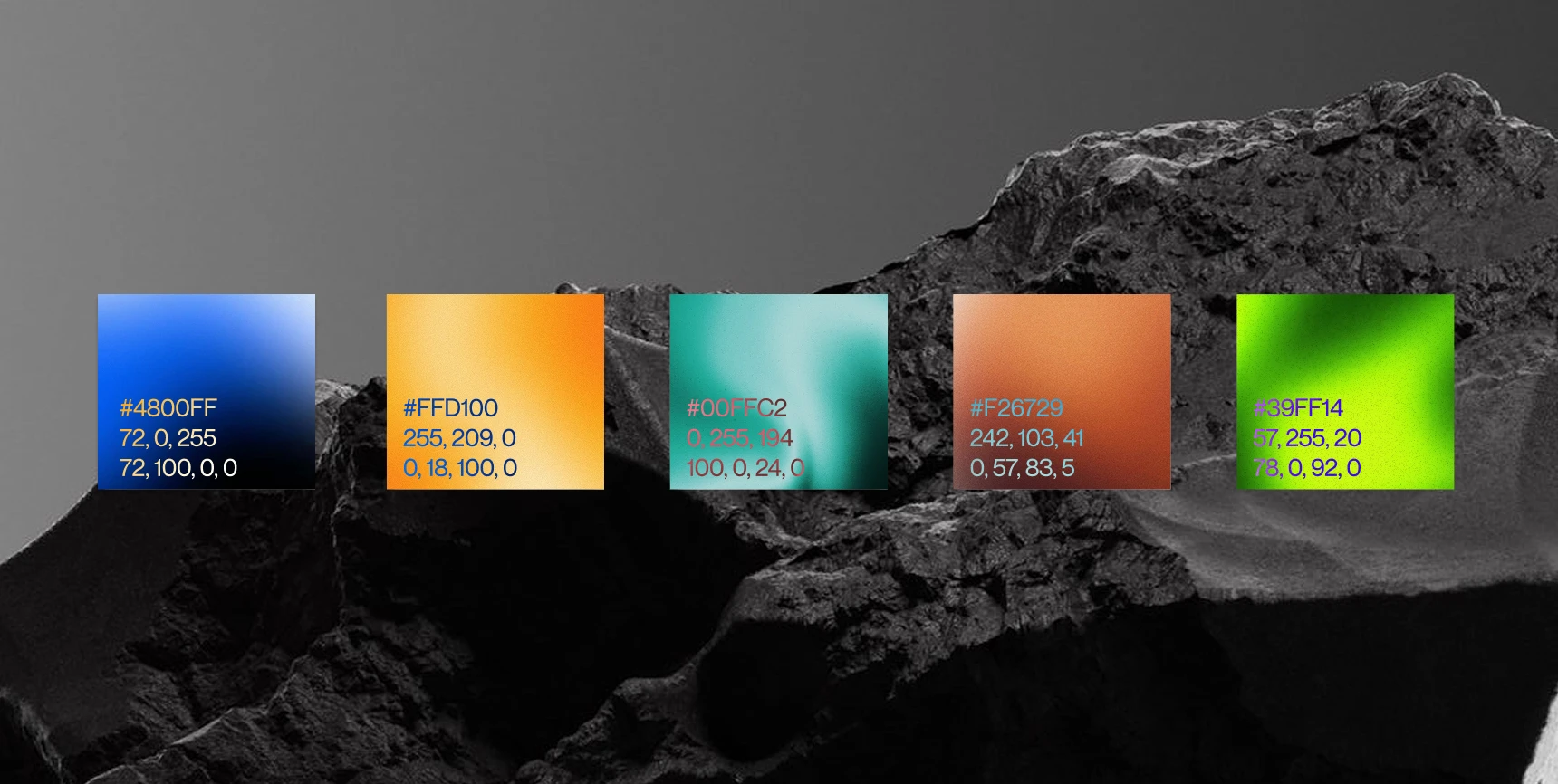 The PEAQ colour palette as five gradient swatches — violet, yellow, aqua, orange and neon green — with hex, RGB and CMYK values, over a dark rock landscape.