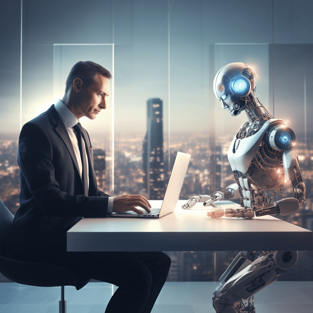 A man in a business suit and a humanoid robot with glowing blue eyes are sitting opposite each other at a desk, both using laptops in a high-rise office with a cityscape in the background, symbolizing human-robot collaboration in the workplace.