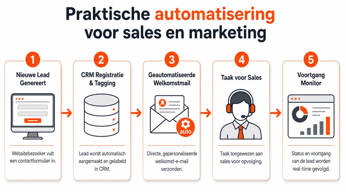 Stroomschema met vijf stappen voor het automatiseren van sales- en marketingprocessen voor betere bedrijfsprestaties.