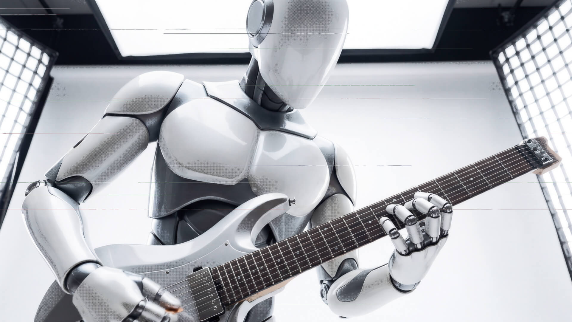 A humanoid robot actively playing a modern headless electric guitar under bright studio lighting, symbolizing skill acquisition, precision, and mastery as a visual metaphor for skills for AI agents.