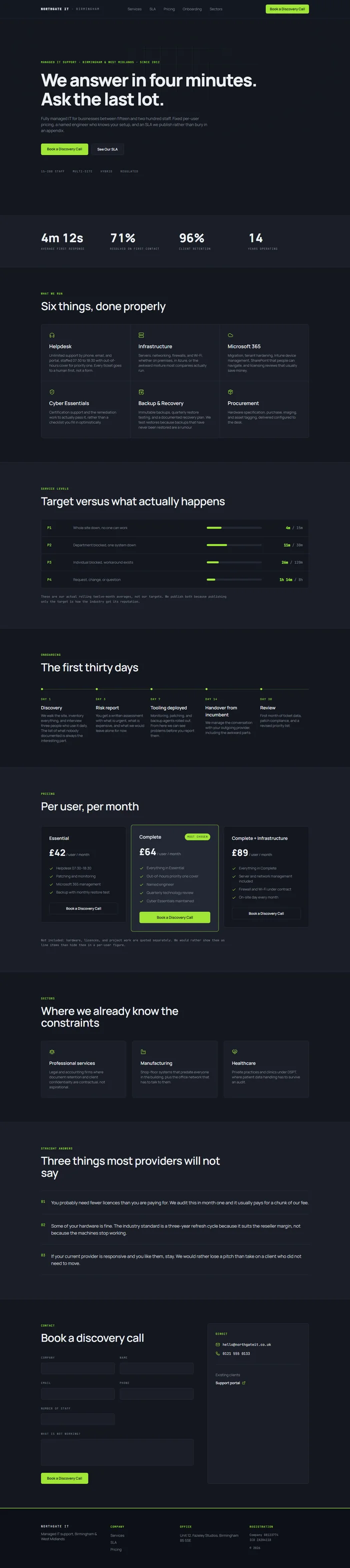 Full IT support website design: type hero, metrics, services, SLA table, onboarding, pricing