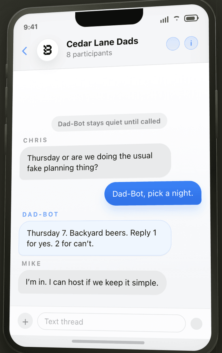 Dadbot phone mockup showing group chat planning in action.