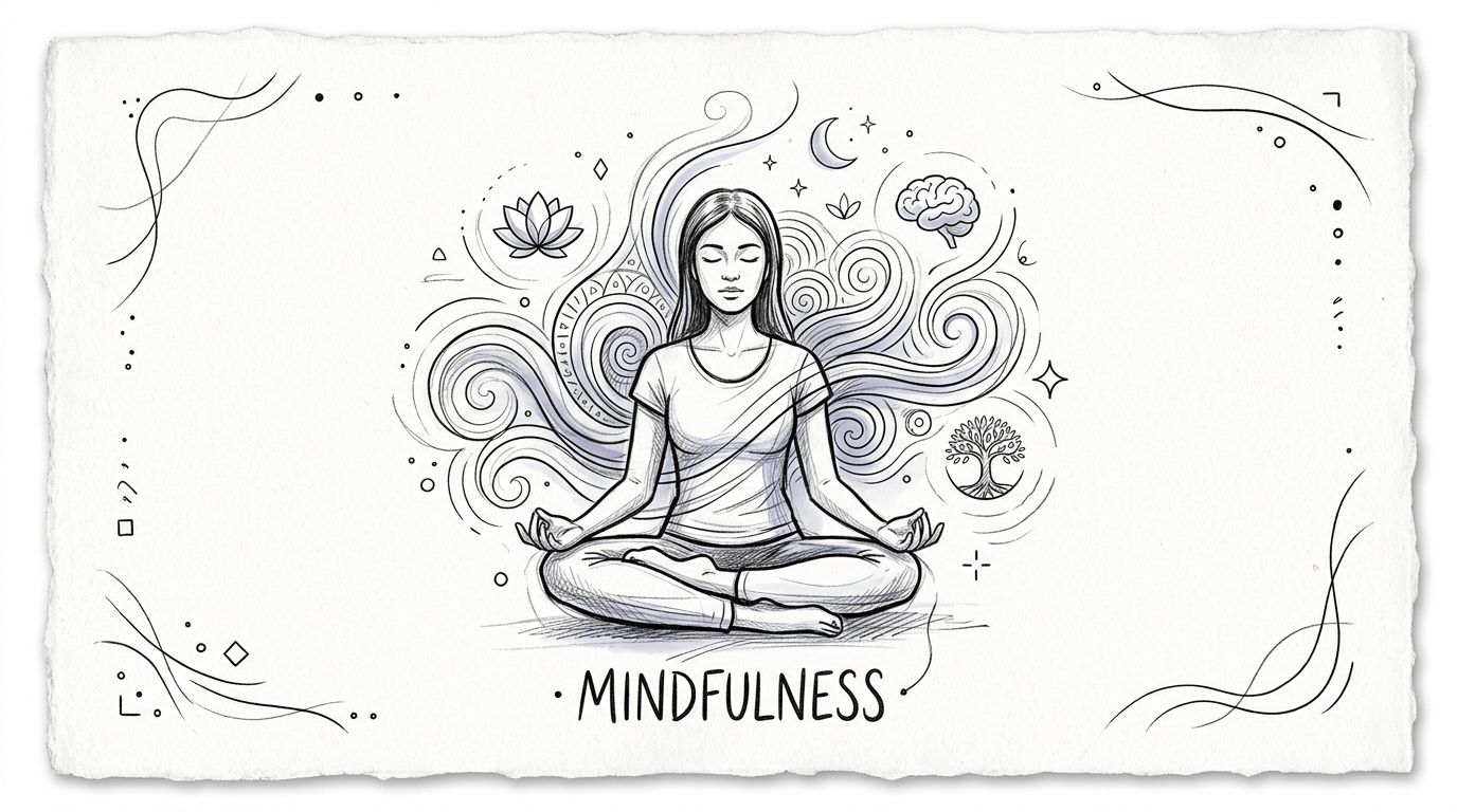 A pencil sketch of a woman meditating peacefully surrounded by abstract swirls, symbols of mindfulness, and tranquility.