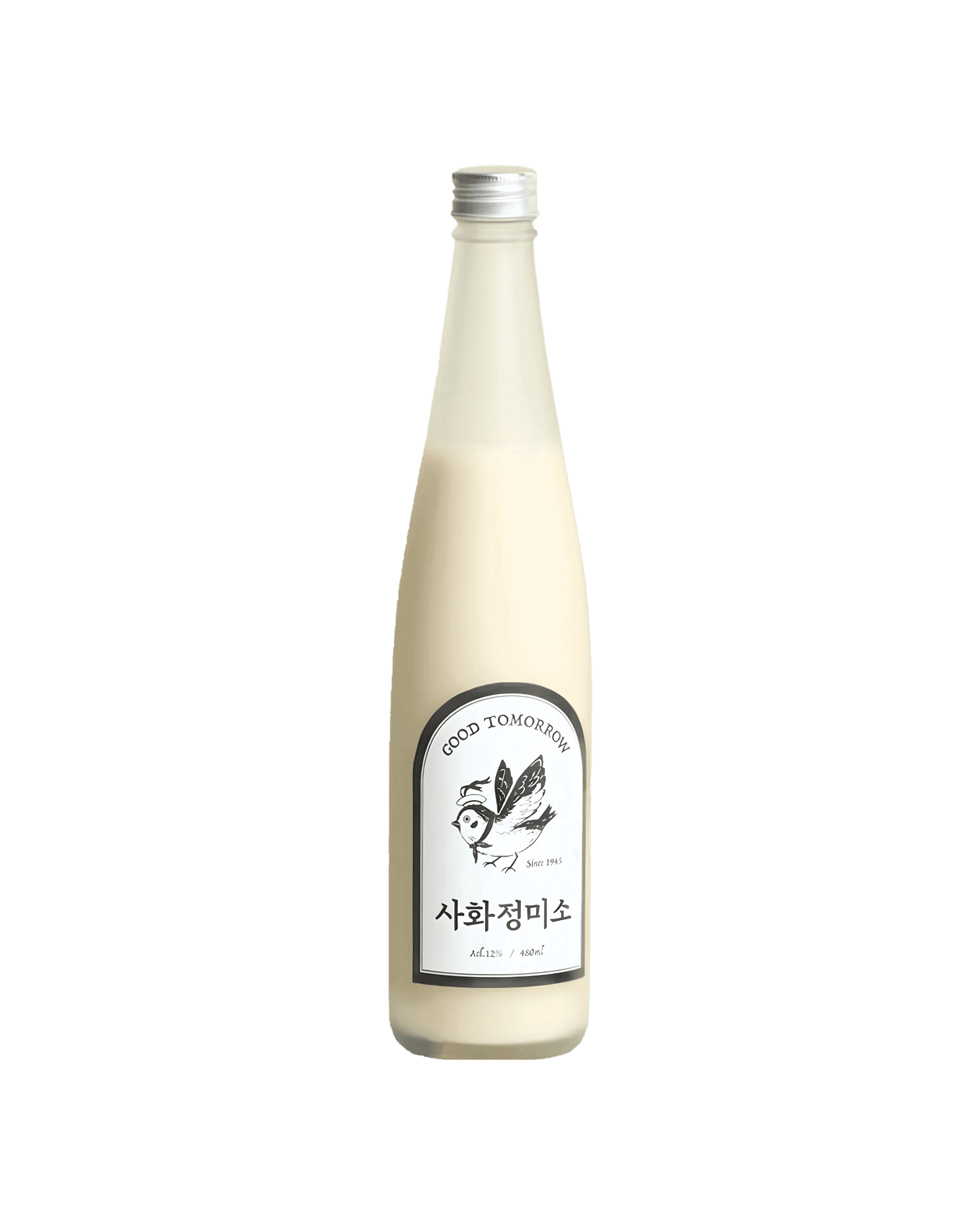 A tall, slender glass bottle filled with a creamy off-white liquid, featuring a white label with black text and bird illustration, and a silver screw cap, isolated on a white background.
Sahwajeongmiso Makgeolli - Good Tomorrow Brewery - cultsool