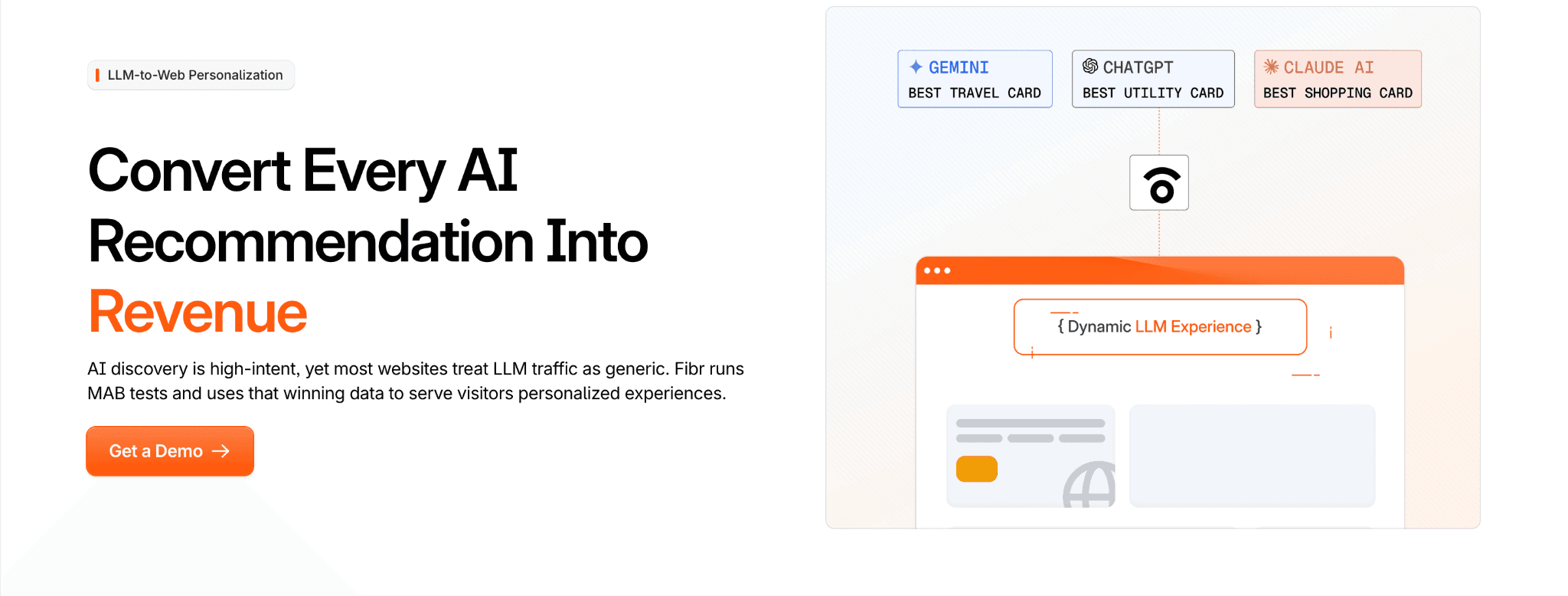 Fibr LLM-to-Web Personalization showing AI recommendations converted into personalized experiences.