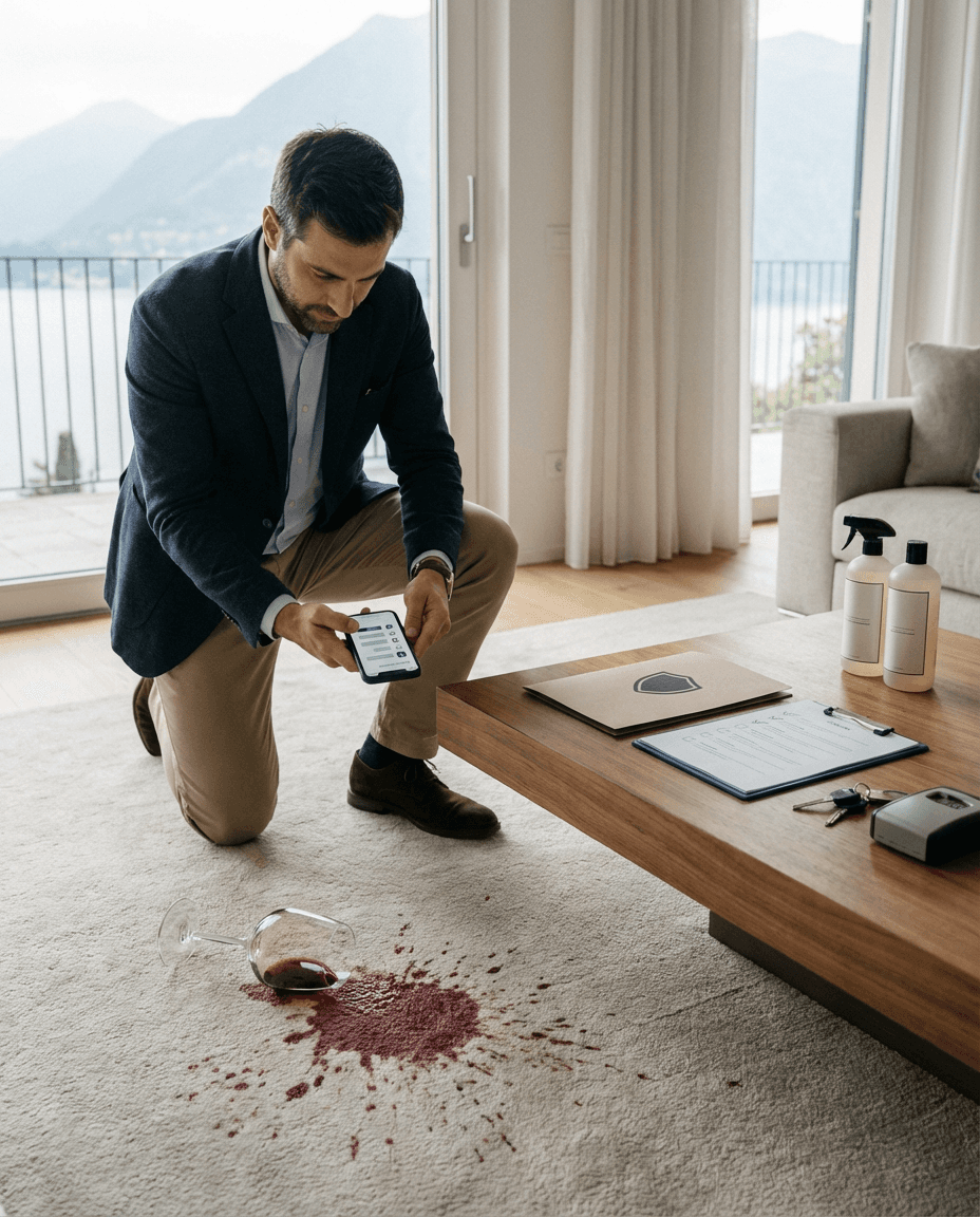 una coppia fotograta sul balcone della loro casa sul lago di como