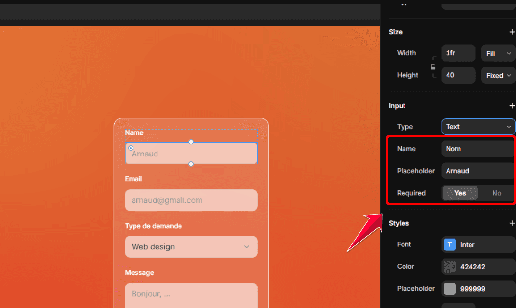 Configuration du nom du placeholder et du champ requis dans un formulaire Framer