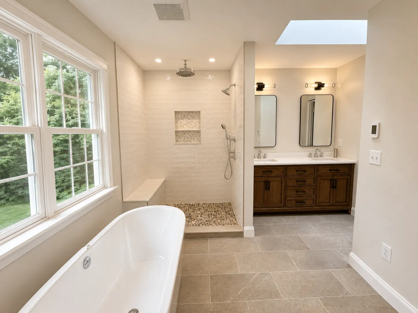 Modern Opened Bathroom with Freestand Tube, Walk-In Shower and Double Vanity SInk