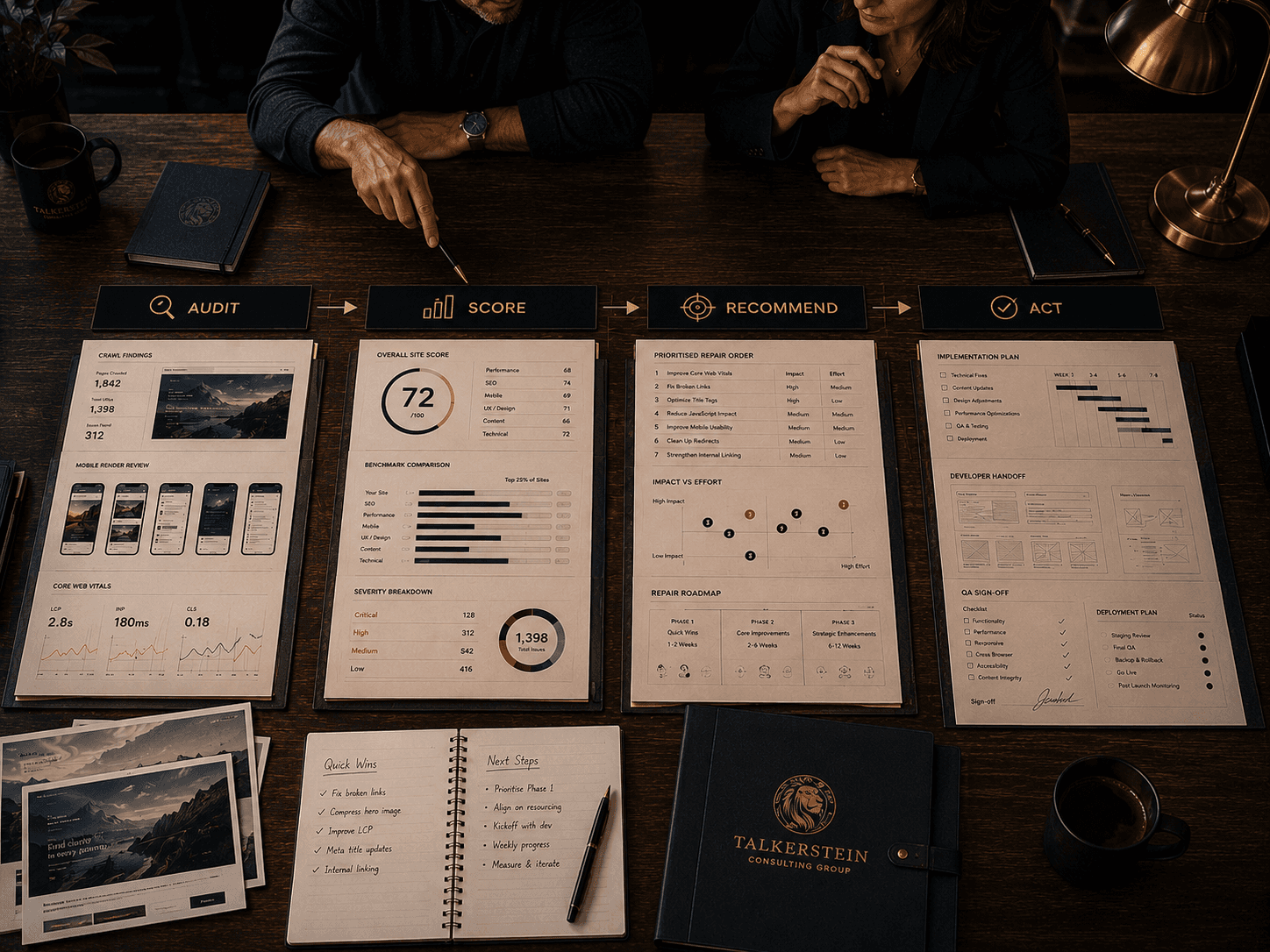 Overhead view of a strategy table showing four stages of a website audit process with diagnostic reports, benchmark scorecards, repair recommendations, and implementation plans reviewed by consultants.