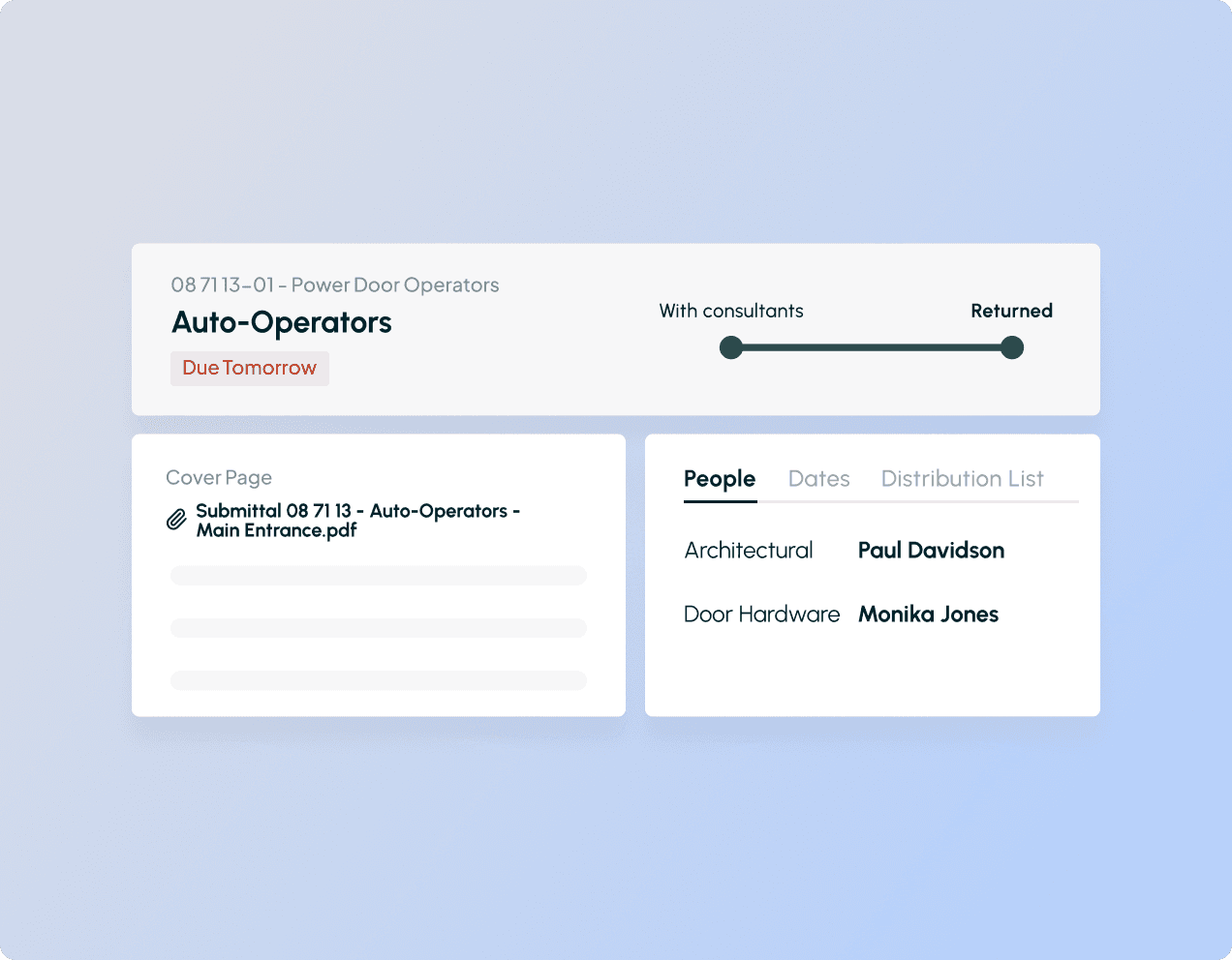 Task tracking view for a submittal with assigned consultants, due date, and review status