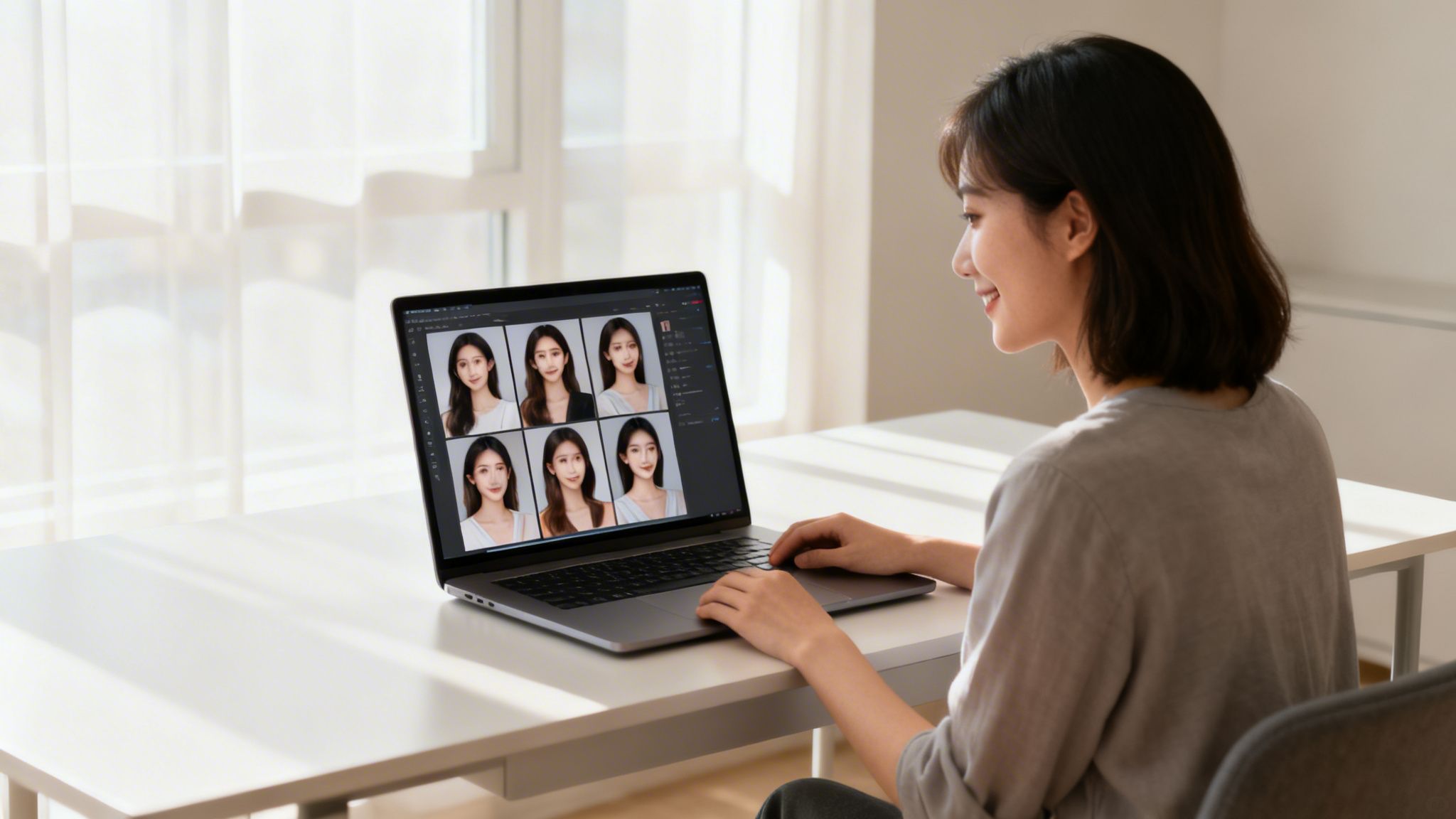 Eine lächelnde Frau betrachtet am Laptop sechs Passfotos von Frauen. Sie sitzt an einem hellen Schreibtisch.