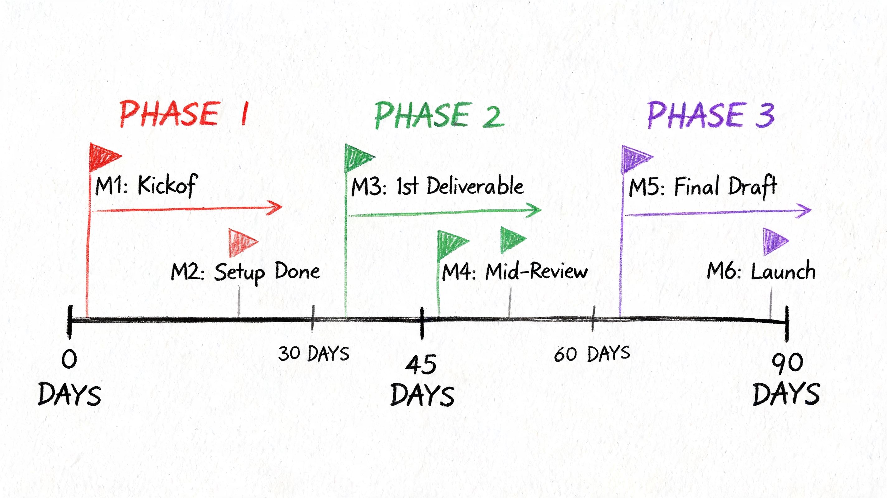 A hand-drawn timeline diagram showing three phases with milestones from zero to ninety days.