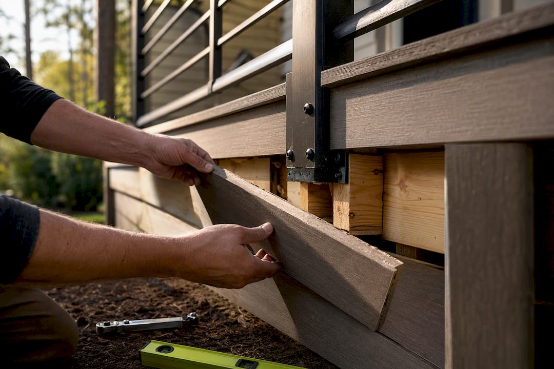 Blocking visible beneath a deck railing post