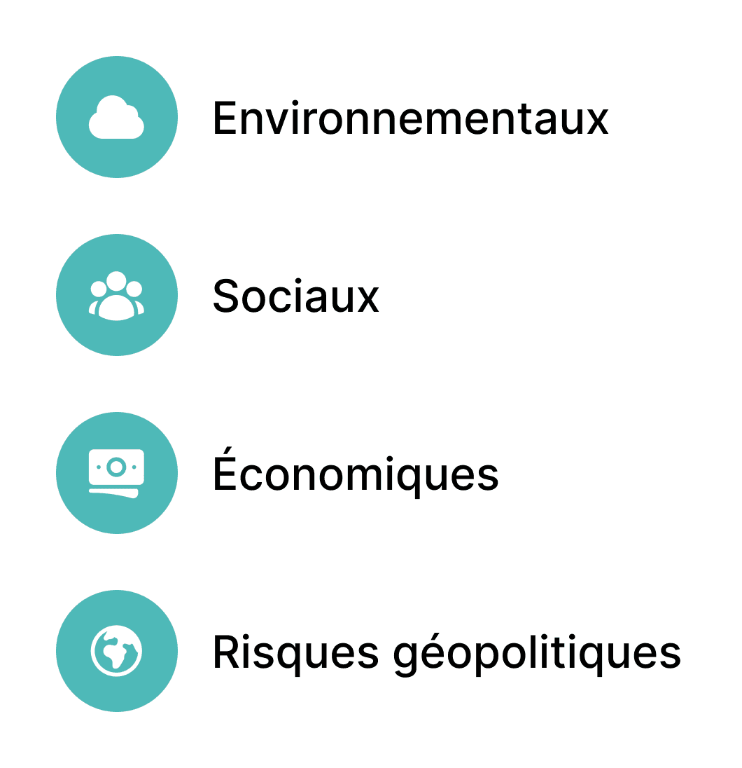 4 indicateurs : environnementaux, sociaux, économiques, risques géopolitiques.