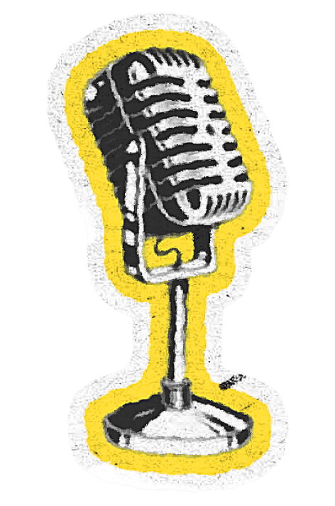 A microphone illustration, representing how Copyfolio helps you easily write, schedule, and publish blog posts with a visual editor.