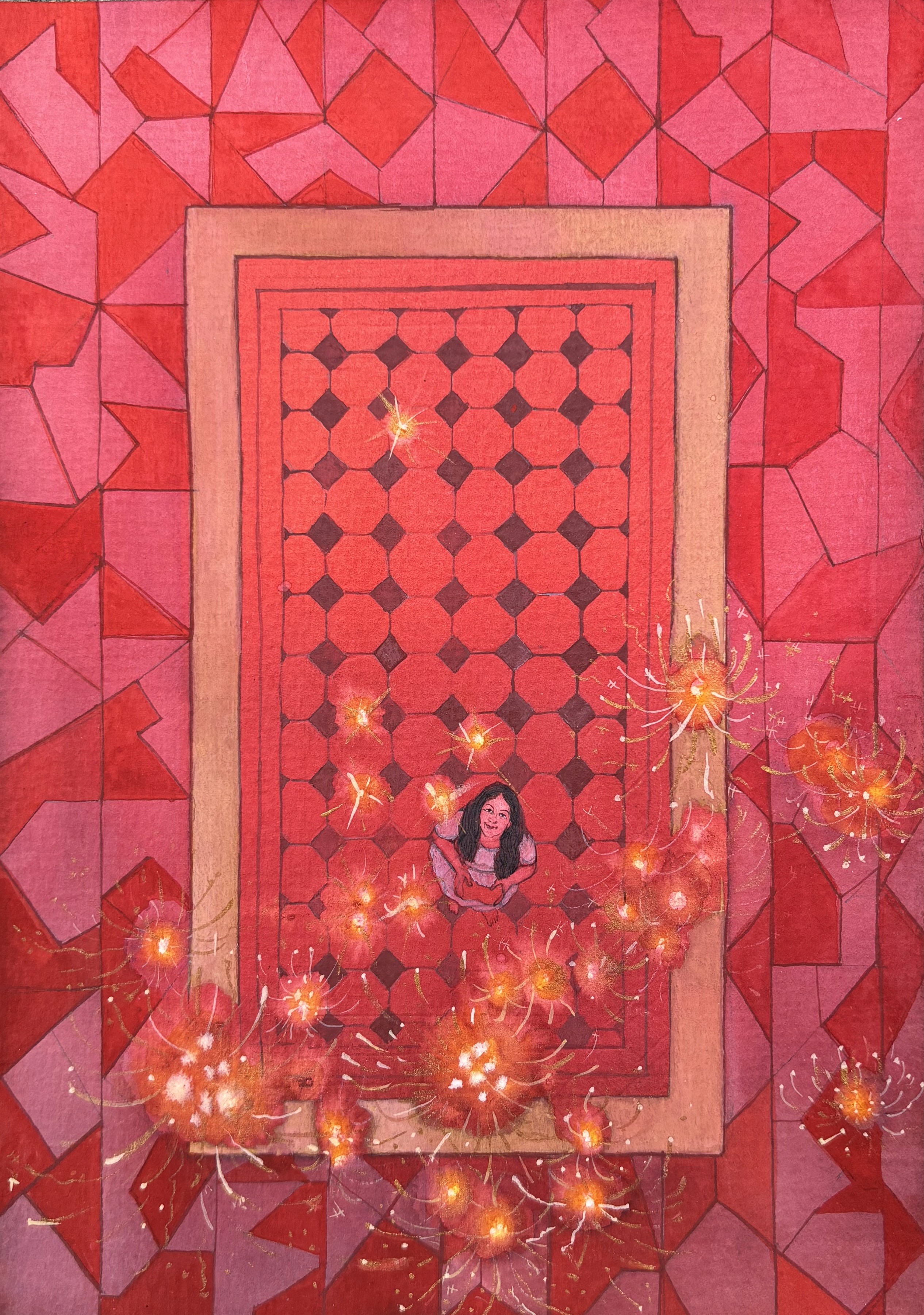 herd of sheep on road painting