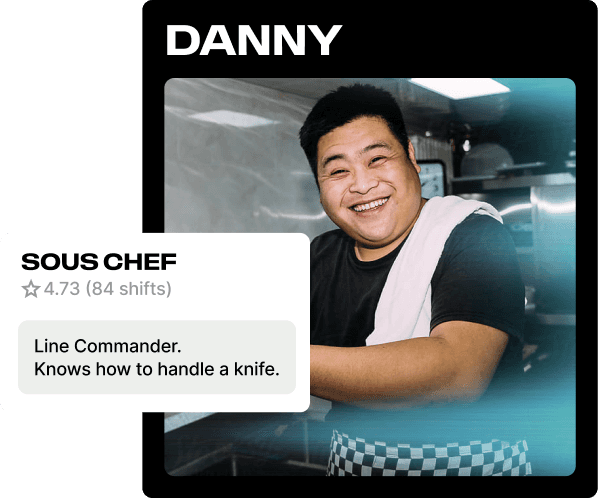 Profile card for Danny, a sous chef rated 4.73 across 84 shifts, in a commercial kitchen