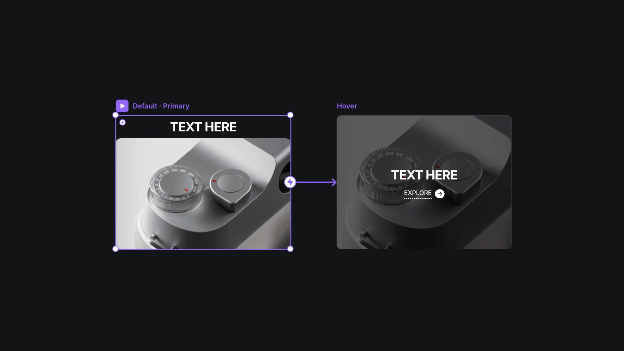 Camera UI with hover interaction showing text and explore button