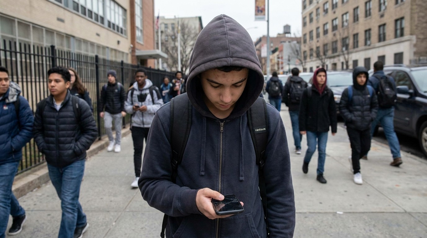 Kind hält Smartphone in der Hand auf dem Schulweg