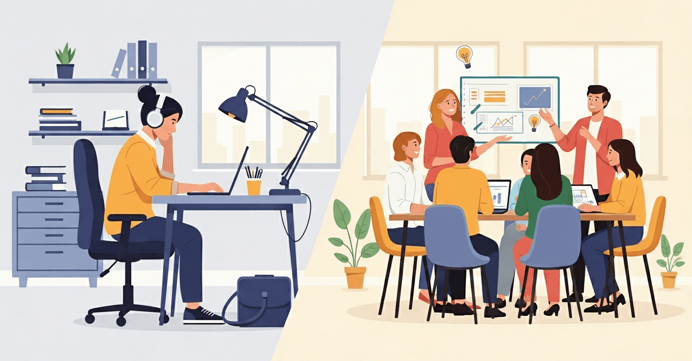 A split-scene illustration showing different work style preferences: on one side, a professional working independently at a focused desk setup with headphones and organized workspace; on the other side, a collaborative team environment with people brainstorming together at a shared table. Modern office setting with natural lighting, clean professional aesthetic, showing the contrast between independent and collaborative work styles. No text or words visible.