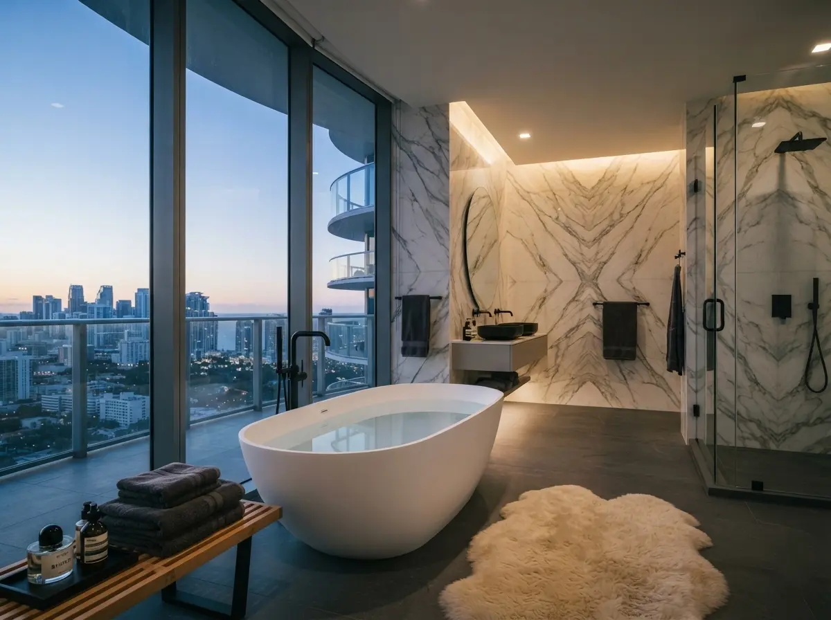 Luxury master bathroom featuring a freestanding soaking tub, book-matched marble walls, glass shower, and floor-to-ceiling windows with a twilight city skyline view