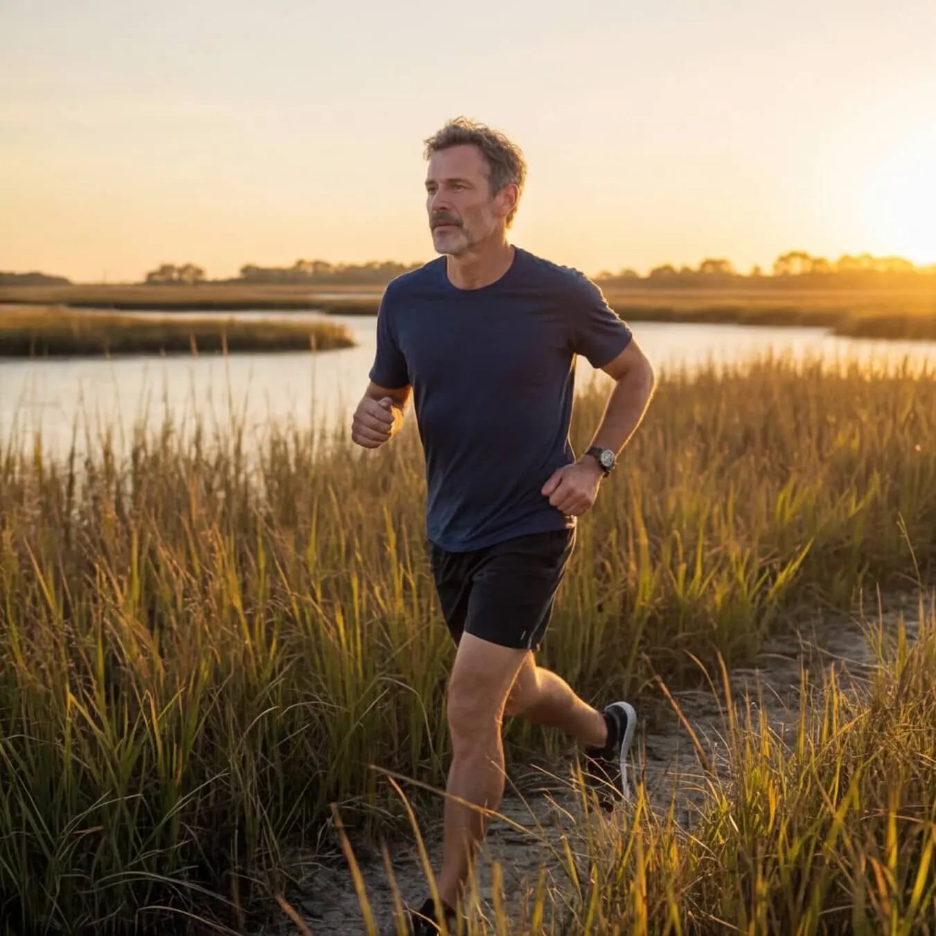 Man running through Lowcountry marsh at golden hour near Charleston, SC — Men's Health & Hormone Optimization at Hero Health & Hormone