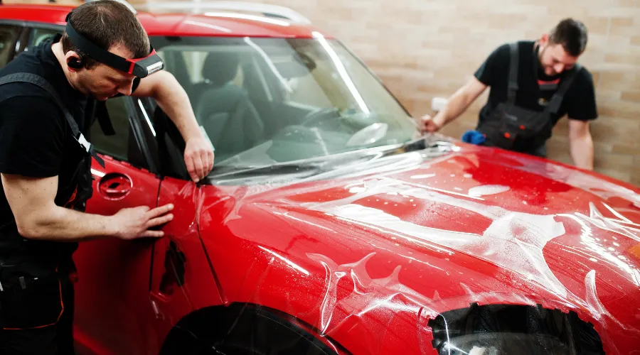 Car detailing: applying protective film to a red car.