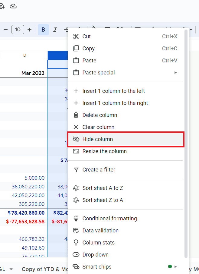 Hide a Column in Google Sheets