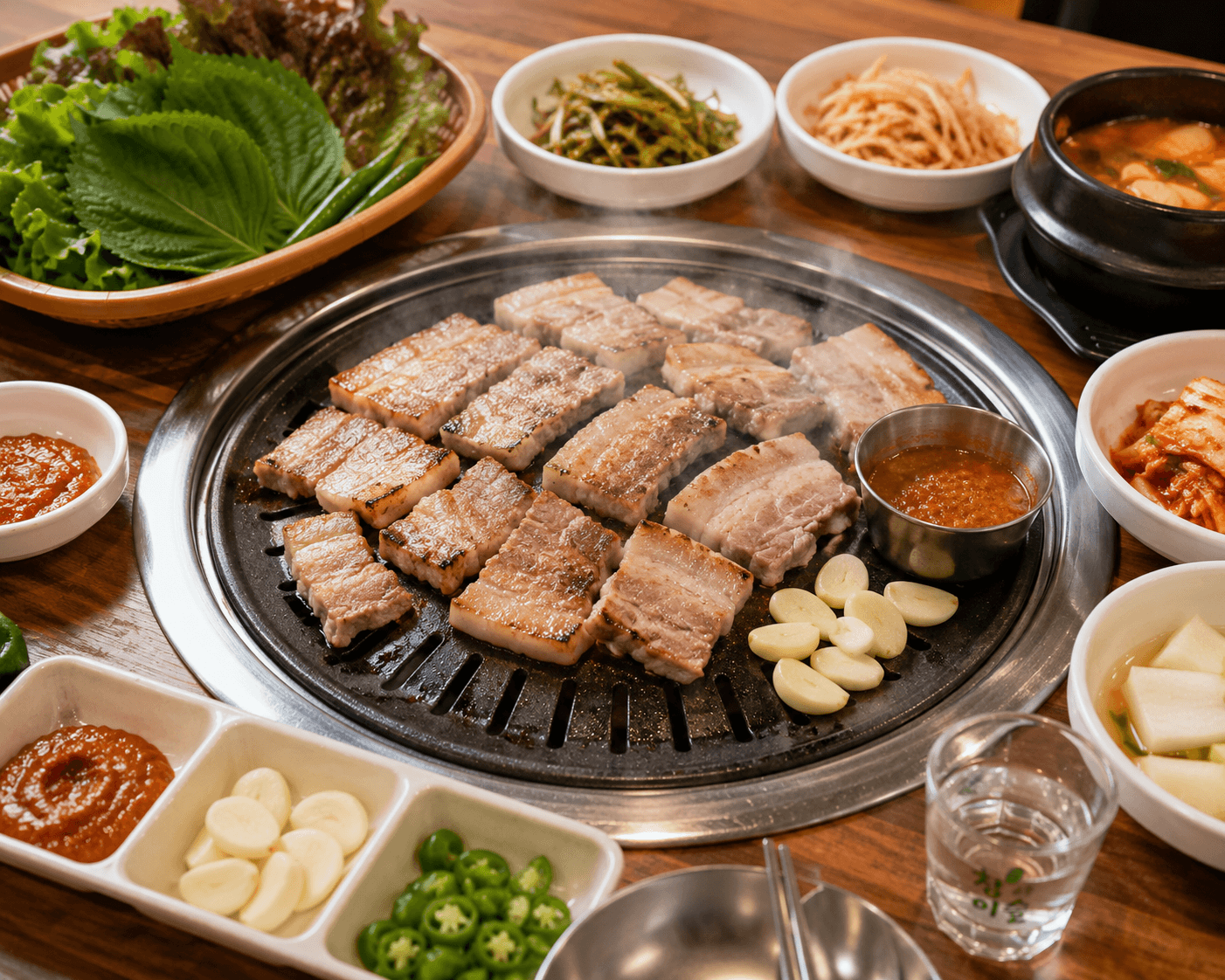삼겹살이 올라간 불판 식탁