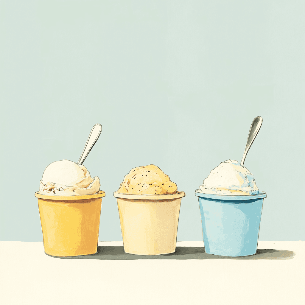 three containers of ice cream are set out on a table