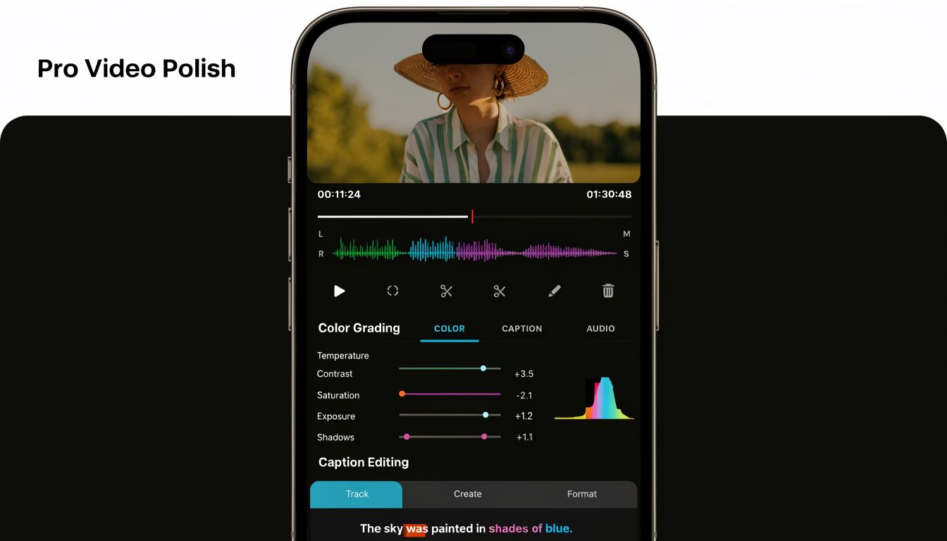 A smartphone interface showing a professional video editing app with color grading and captioning tools active.