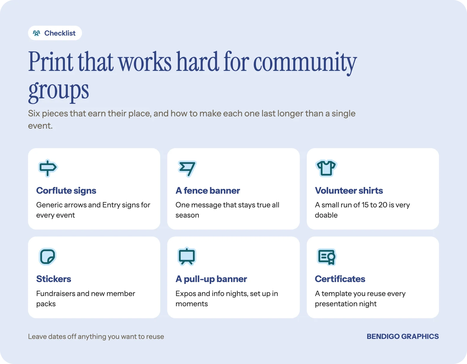 Checklist of affordable printing for community groups: corflute signs, a fence banner, volunteer shirts, stickers, a pull-up banner and certificates.