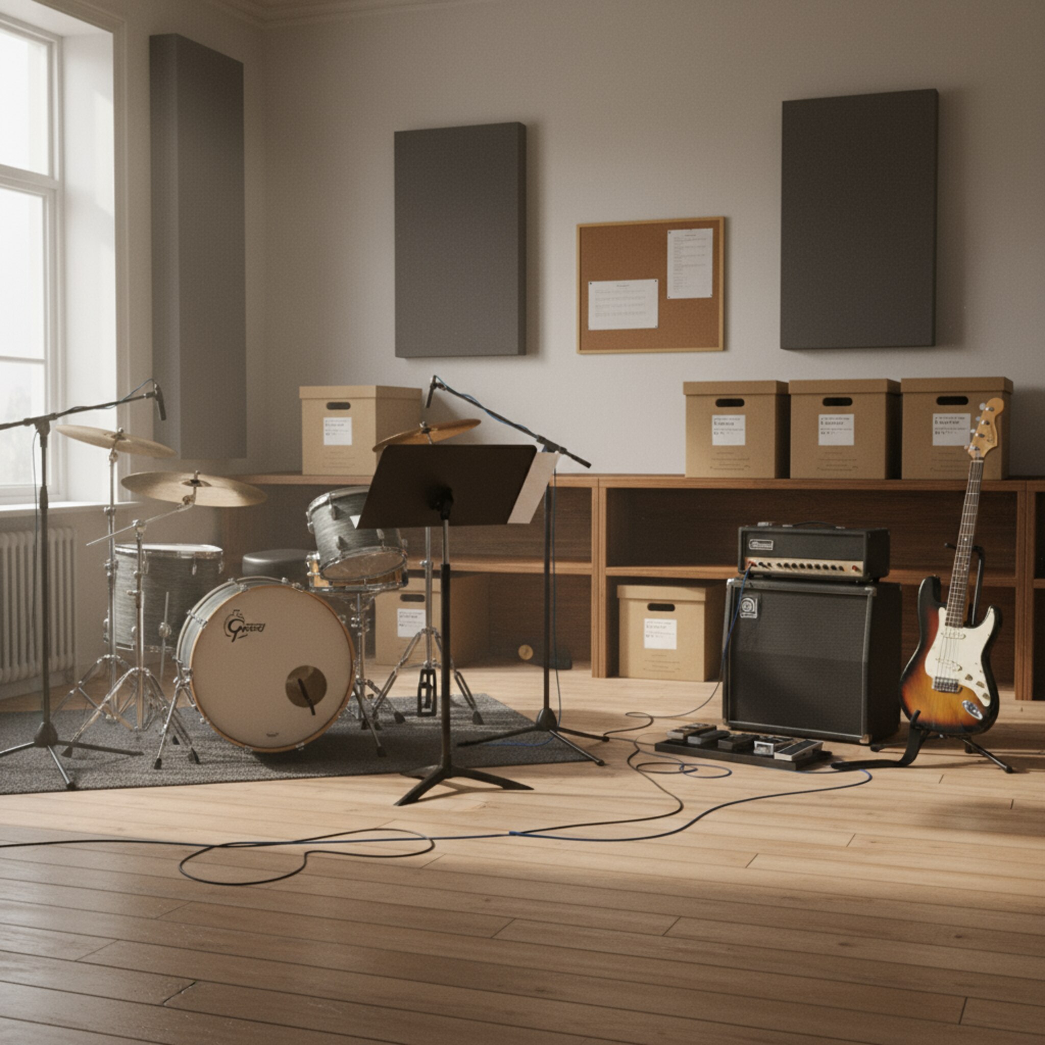 Ein vertrautes Band-Setup wartet exakt an seinem Platz. Beschriftete Aufbewahrungsboxen in einem Regal, Drumhocker und Notenständer stehen wie abgemessen. Weiches Morgenlicht fällt über den Boden. Es wirkt, als wäre der Slot hier jede Woche zur selben Zeit reserviert.