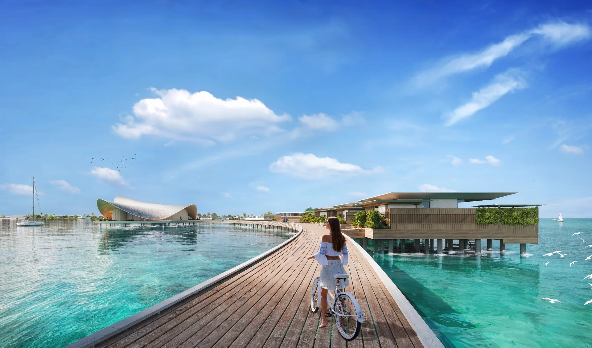 Killa Design concept rendering of Zamani Islands: curved boardwalk beside overwater villas and lagoon.