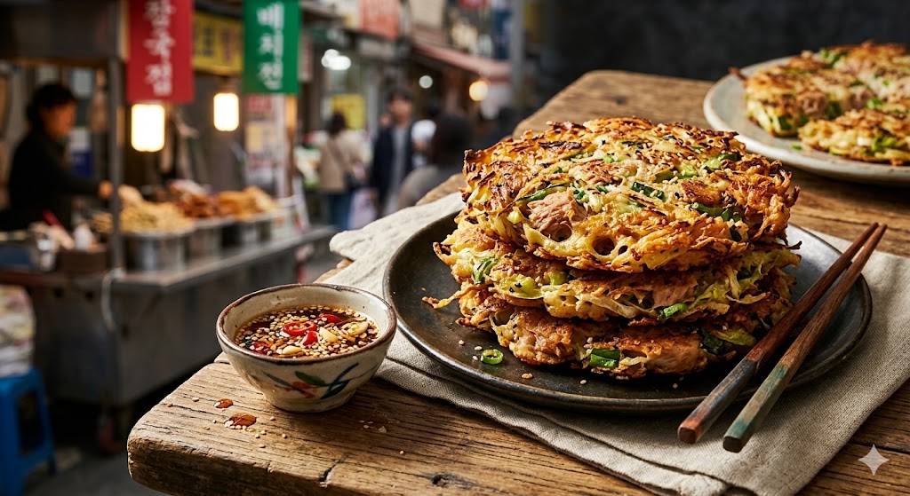 A close-up of a stacked plate of golden crispy Korean tuna cabbage pancakes on a wooden surface, served with a bowl of soy-vinegar dipping sauce and wooden chopsticks. Dramatic side lighting highlights the crunchy texture, with a bustling Korean street market blurred in the background.