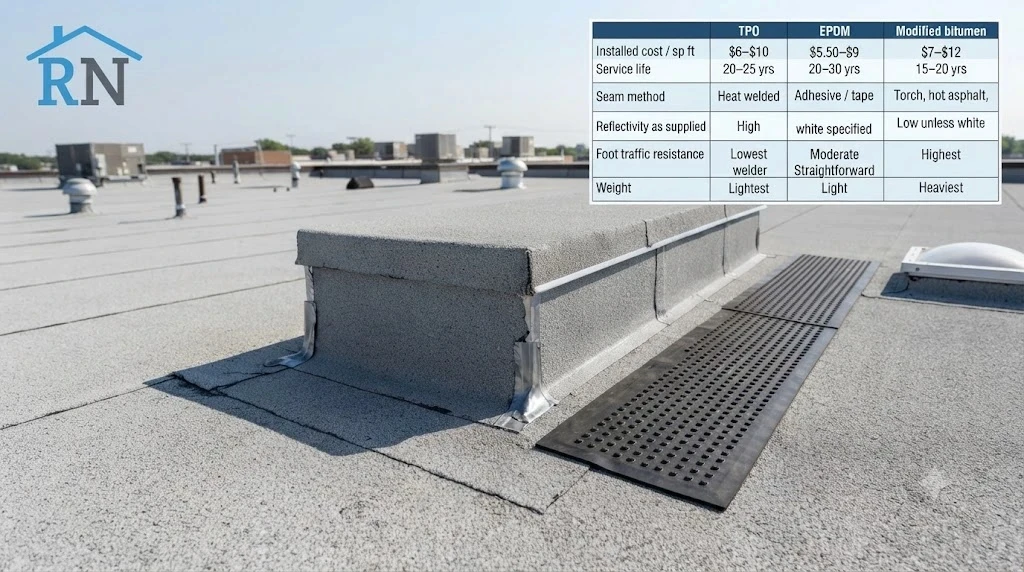 Two-ply modified bitumen cap sheet installed around rooftop equipment on a high-traffic commercial roof